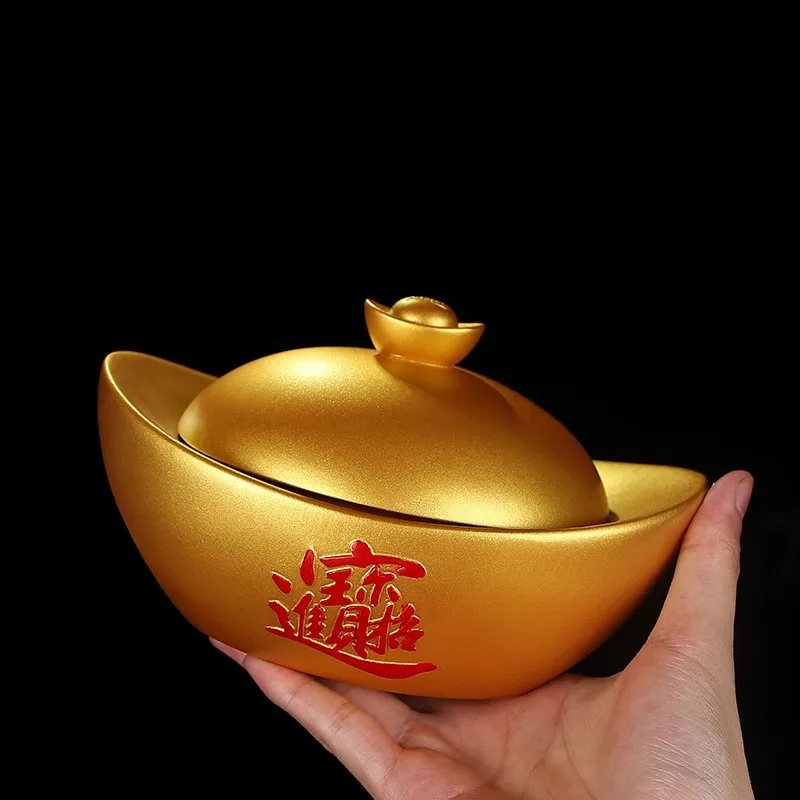 New Chinese‑Style Gold Ingot Resin Ashtray With Lid, Large‑Size Wind‑Proof Cigarette Ash Holder, Fortune Symbol Desktop Ornament