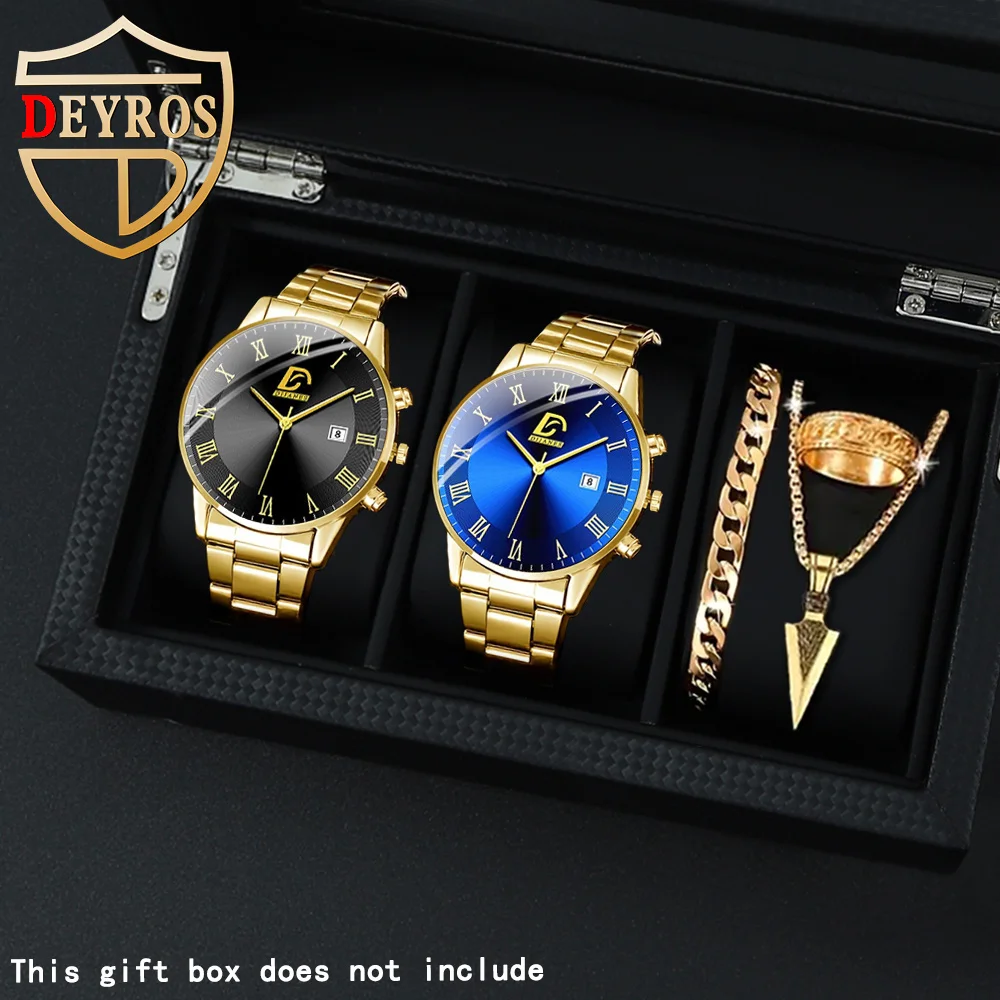 

5 Pieces/set Business Men's Watch Set Alloy Large Disc Quartz Movement Watch Necklace Ring Bracelet Ideal Gift for Men