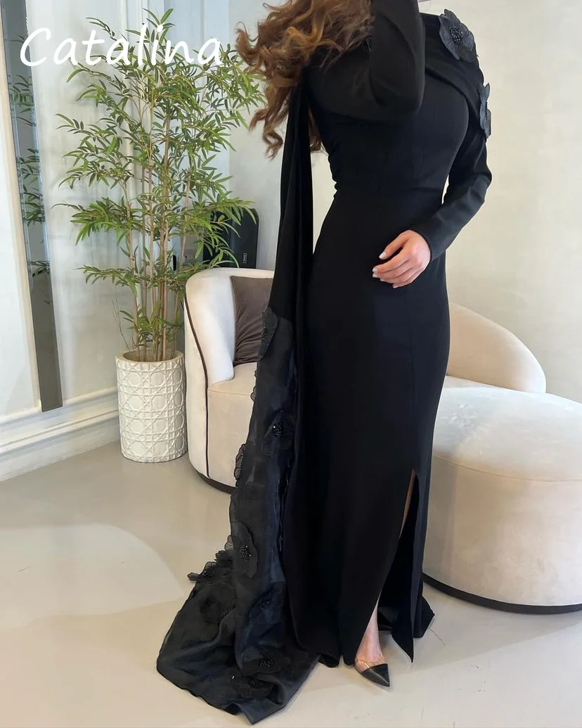 Luxury A Line Evening Dress For Woman Custom Prom Dresses Black Flower O Neck Long Sleeves Saudi Arabia Formal Party Dress 2024