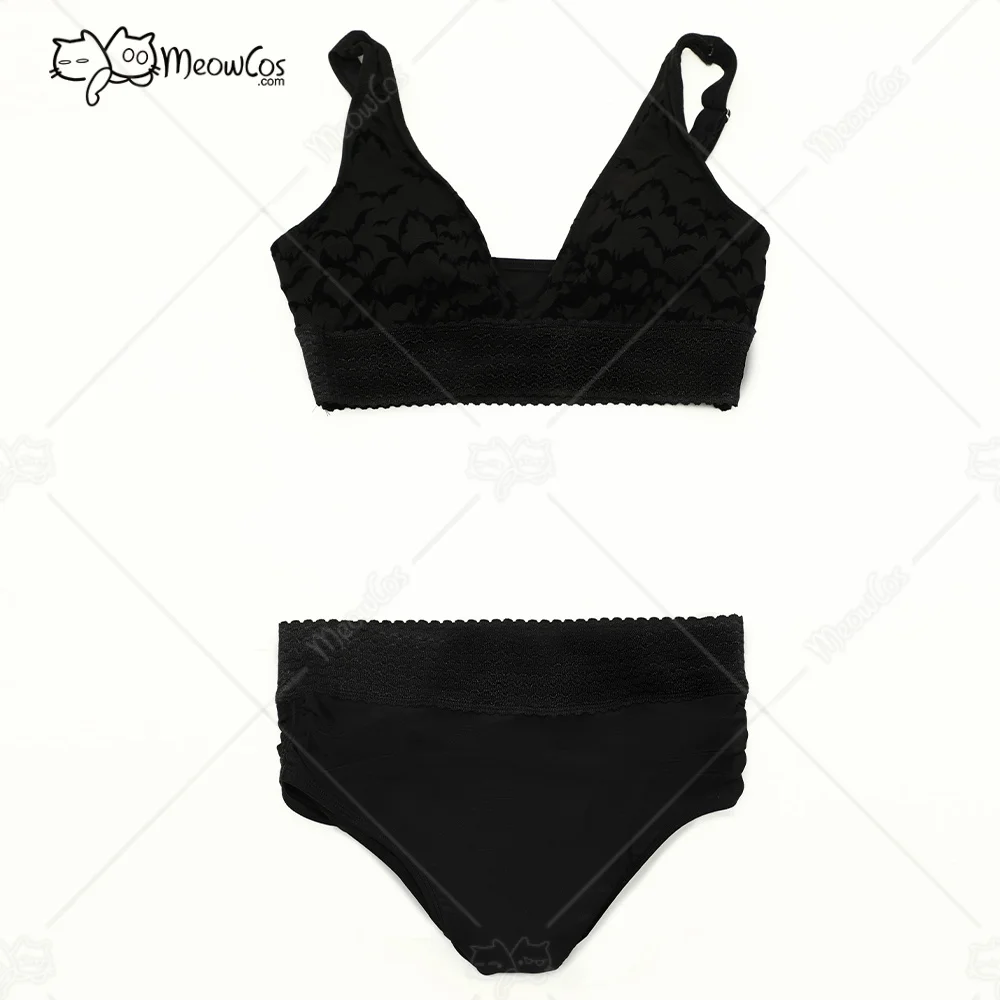 MEOWCOS Vrouwen Nachtelijke Golven Gothic Zwart Vleermuis Patroon Tweedelig Badpak Diepe V Top en Shorts Badpak
