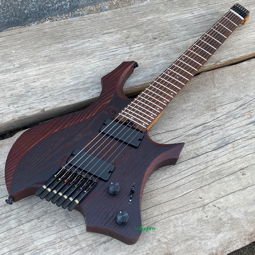 7 String Headless Electric Guitar 9 Piece Roasted Maple Neck Fanned Frets Active Pickup Brown Ash Body Guitarra