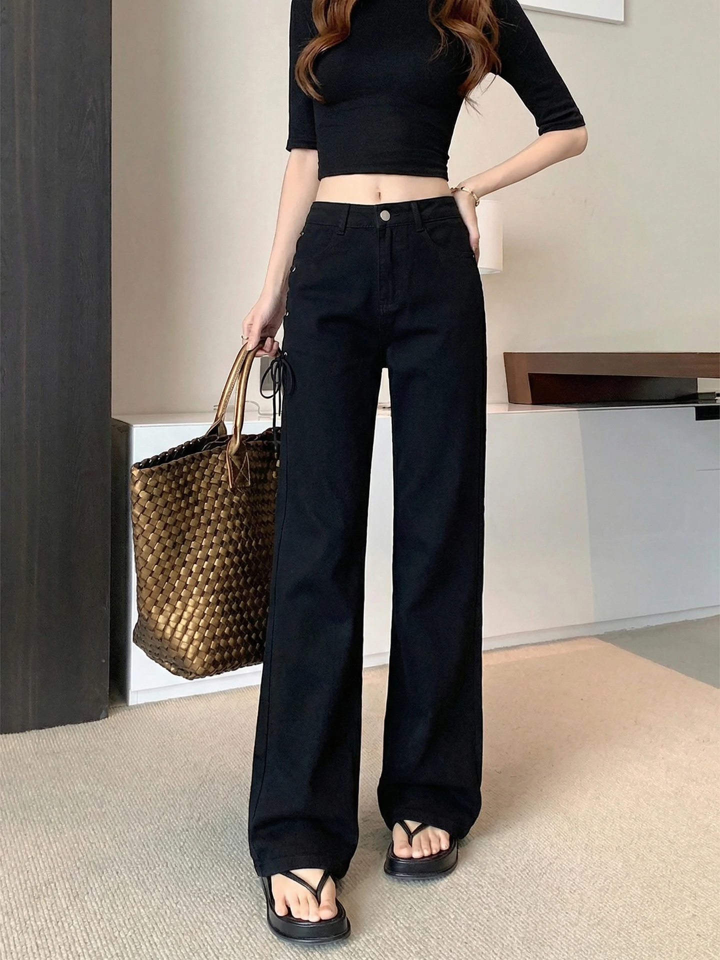 

Black Strawberry Patterned Side-Tied High Waist Wide Leg Jeans Women's Spring Fashionable Retro Style Floor-Length Trousers