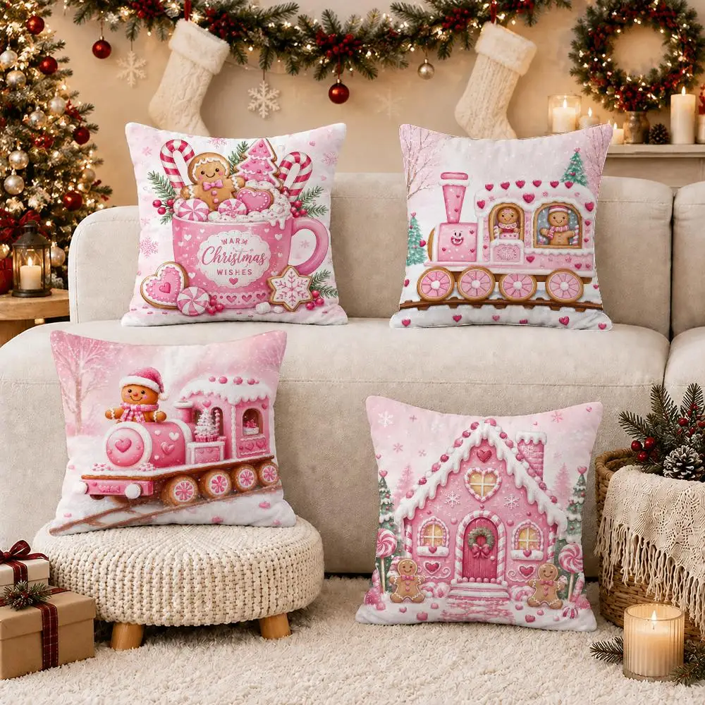 Pink Christmas Gingerbread Cushion Cover Soft Short Plush Double-Sided Printing Sofa Home Decor Festival Pillow Case Gifts