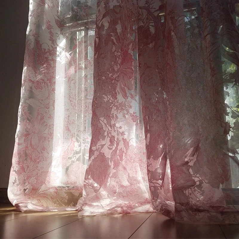 Pastoral Flower Yarn Pink Gauze Curtains for Living Room BalconyWindow American Countryside Blackout Light Filtering Drapes
