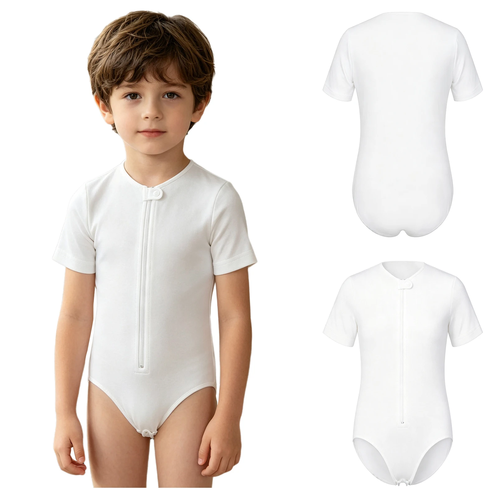 Kids Boys Special Needs Sleep Play Adaptive Bodysuit Round Neck Short Sleeve Snap Crotch Soft Breathable Cotton