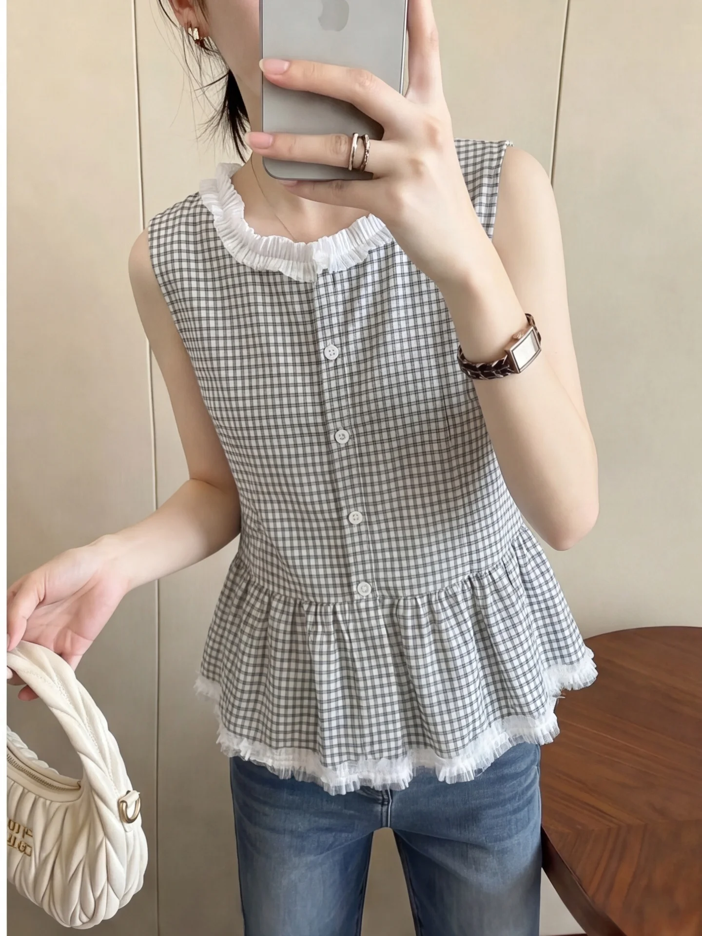 

Summer Plaid Sleeveless Shirt Women's Slim Fit Gingham Print Outerwear Vest Style Doll Shirt round Neck Short Sleeve Top
