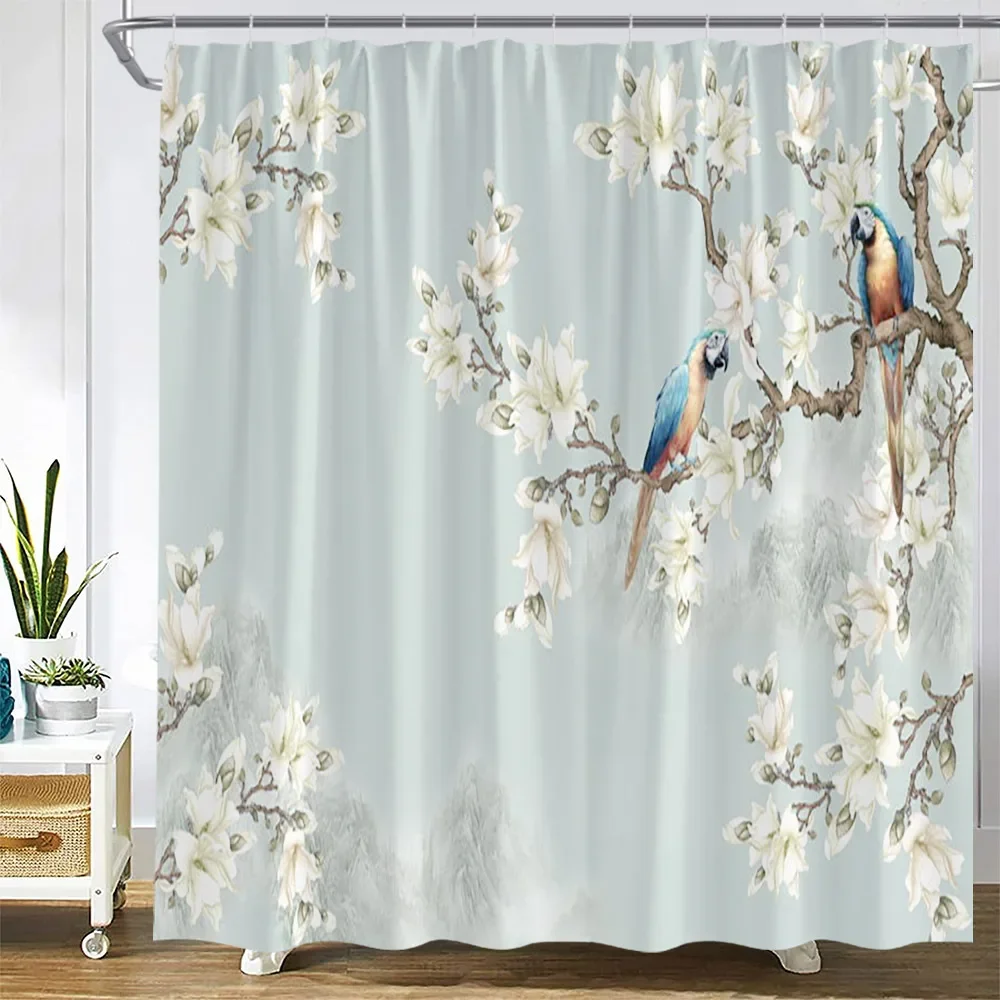 Flowers Bird Shower Curtains Floral Plant Vintage Chinese Style Bath Curtain Set Polyester Fabric Bathroom Decoration with Hooks