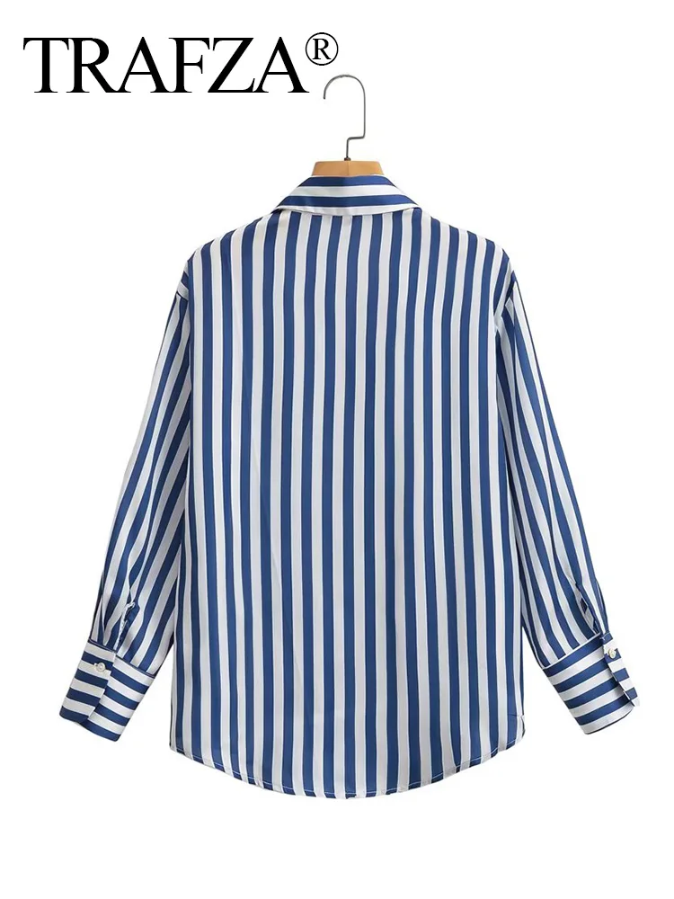 TRAFZA Women Stripe Long Sleeve Blouse Vintage Lady Top Y2K Loose Street Shirts Spring New Fashion Button Up Satin Shirt Blouse