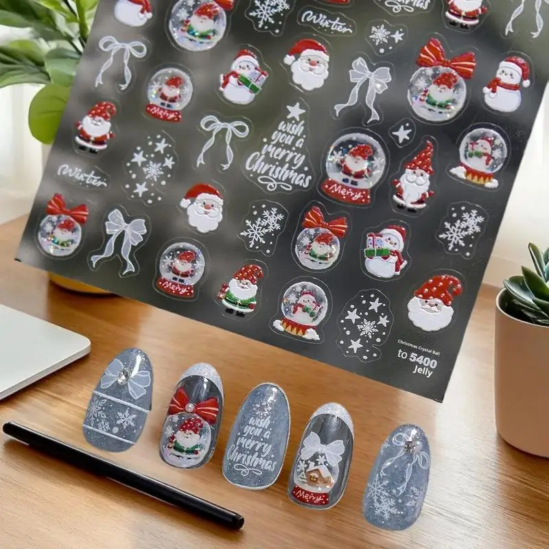 عيد الميلاد ثلج مسمار الفن ملصقات الشتاء الطازجة ملصقات الأظافر الأبيض الثلوج كريستال الكرة زخرفة ملصقات
