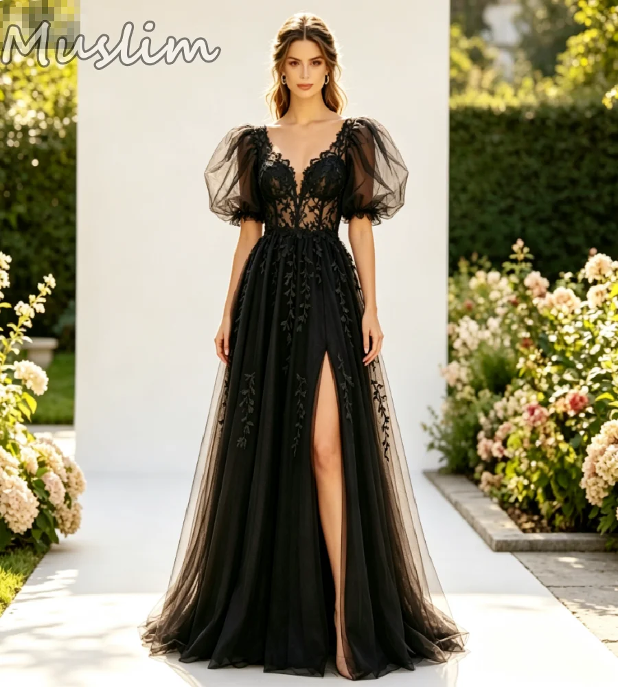 Sexy Black Gothic Wedding Dress With High Slit Boho Tulle Rustic Country Bridal Gowns 2026 Puff Sleeve Sheer Bodice Reception
