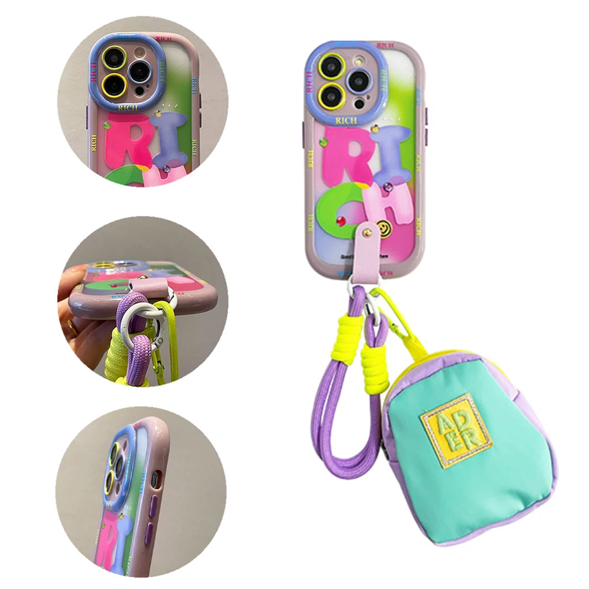 Cute Cartoon Soft TPU etui na telefon iPhone 15 14 13 12 11 Pro Max etui ochronne na aparat Funda ze smyczą