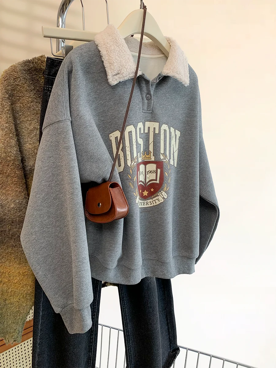 Extra grote 300 pou ey Hoodl Fce gevoerde sweatirt dames herfst winter losse thiened overhead rits neline