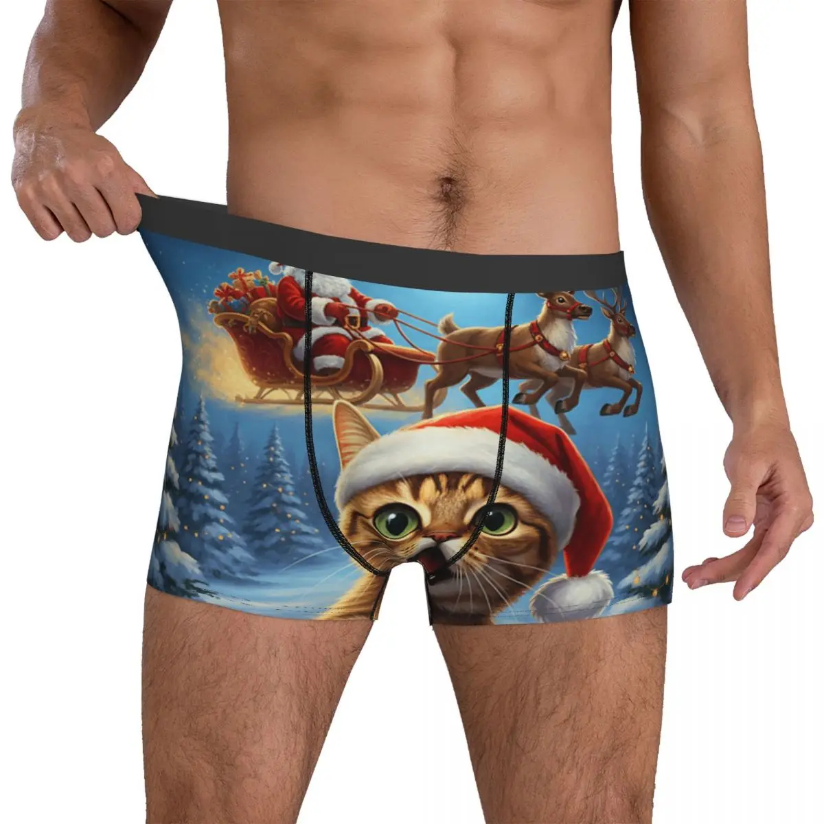 

Cat Selfie Santa Claus Sleigh Reindeer Christmas Shorts Briefs Underwear Hot Sale Man Classic Boxer Shorts Custom DIY Panties