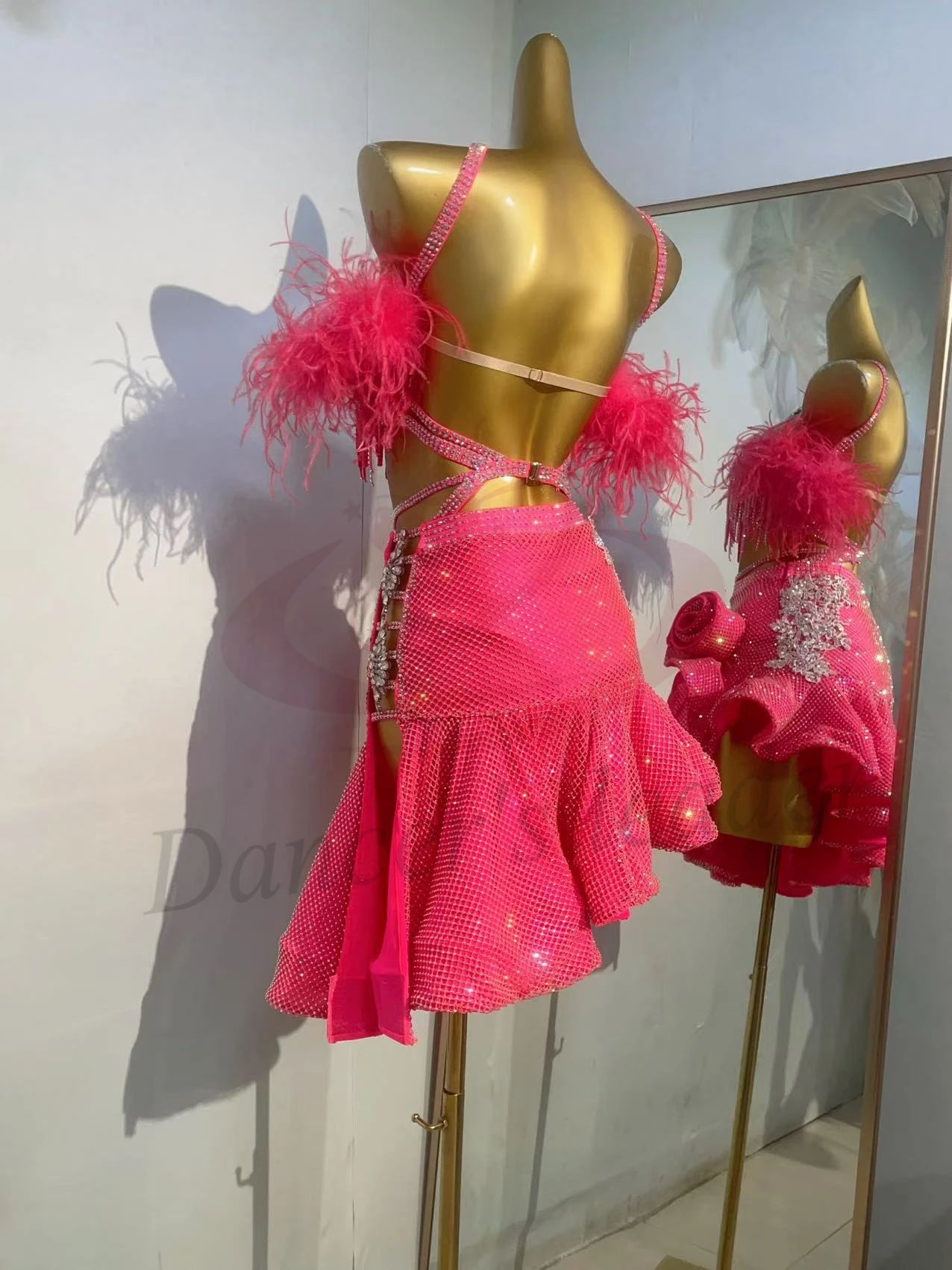 Latin Dance Women's High-end Customized Diamond Steamed Rolls Skirt Cha Cha Samba Performance Rhinestone Dress