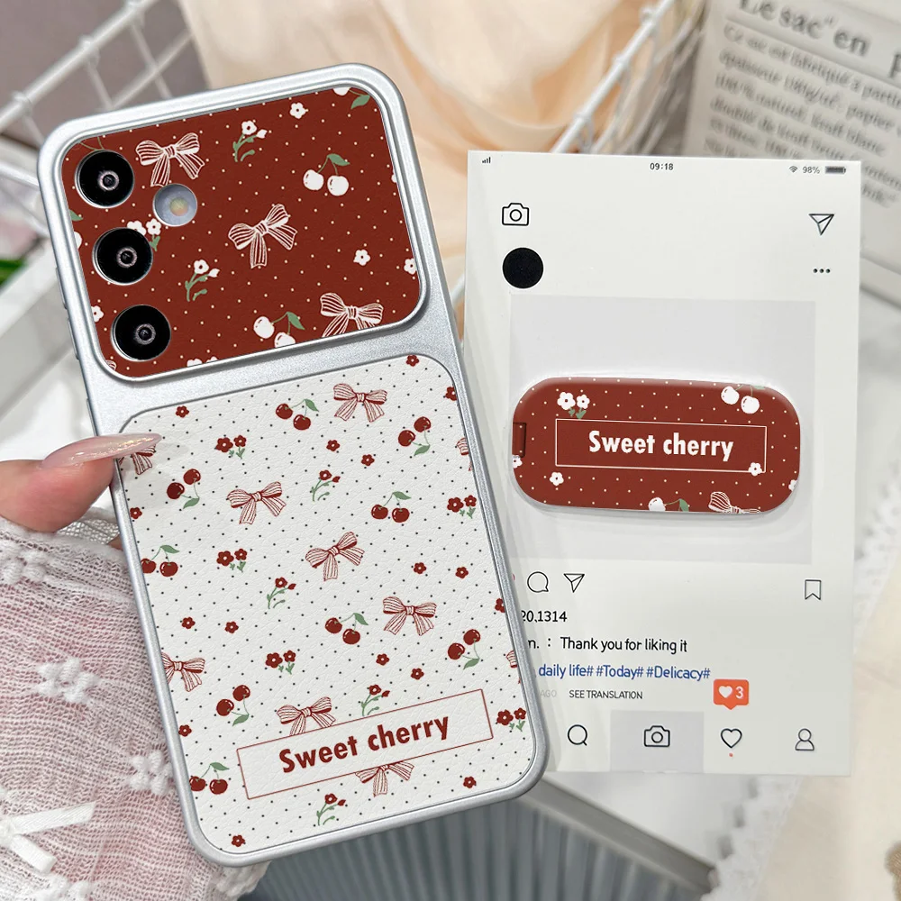 Kirschblüten-Schleifen-Leder-Handyhülle für Samsung S26 Ultra S25 S24 A36 A56 A27 A57 A17 A37 A26 A16 A07 A06 mit Ständer und Umhängekordel