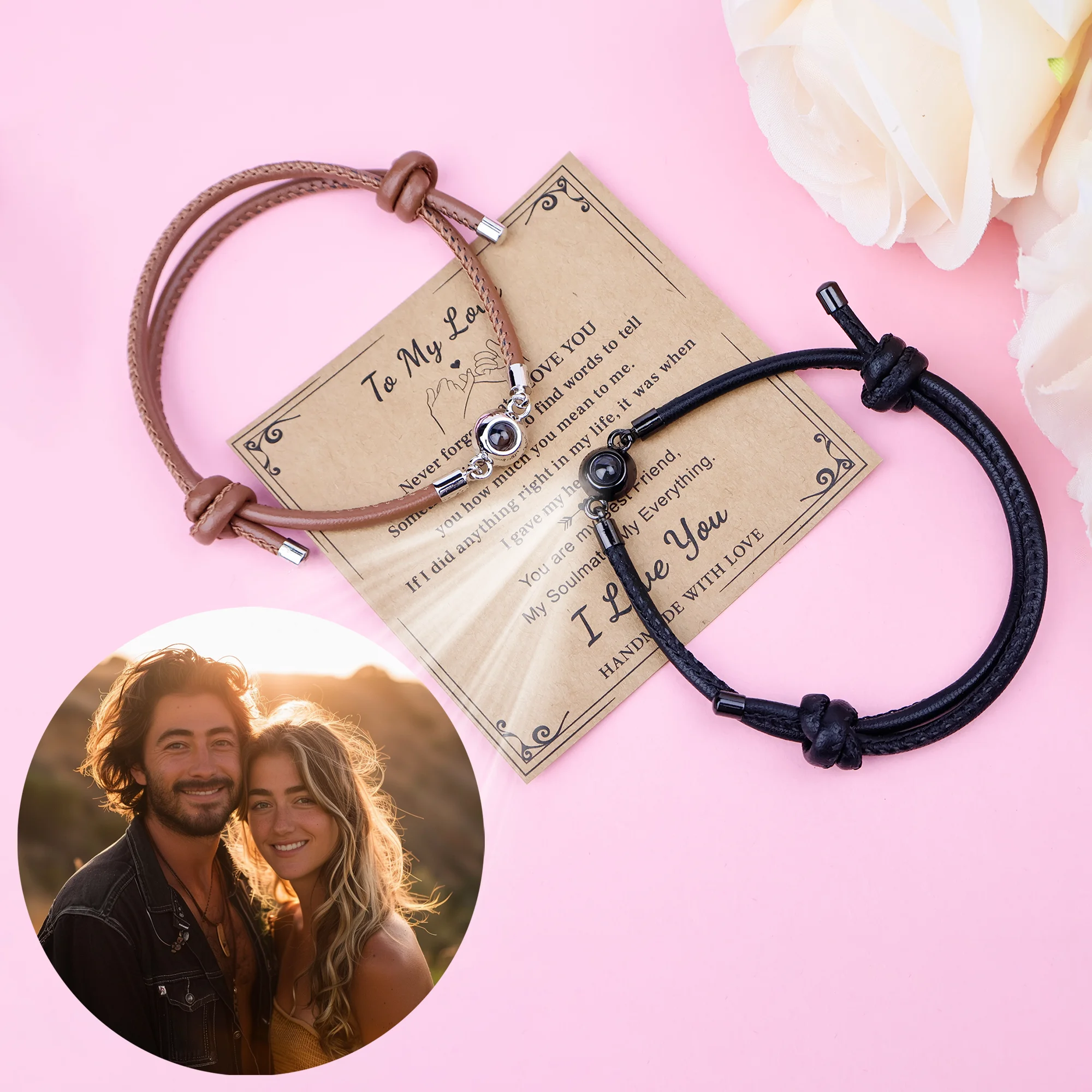 

Custom Color Picture Projection Leather Bracelet With Card Hand Rope For Girlfriend Lover Mom 2025 New Valentine Romantic Gifts