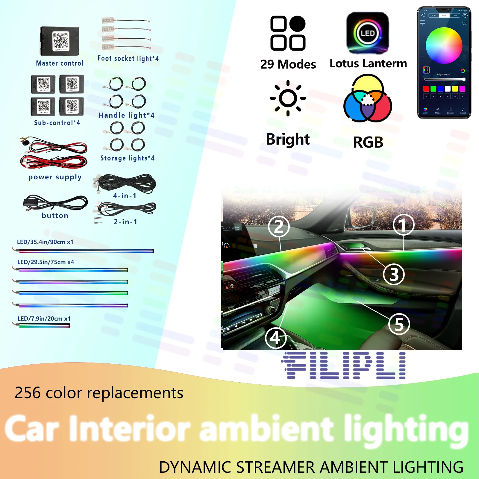 

64-цветный RGB символьный автомобильный окружающий внутренний светильник, акриловая направляющая, светодиодная лента, украшение, атмосферная лампа, управление через приложение