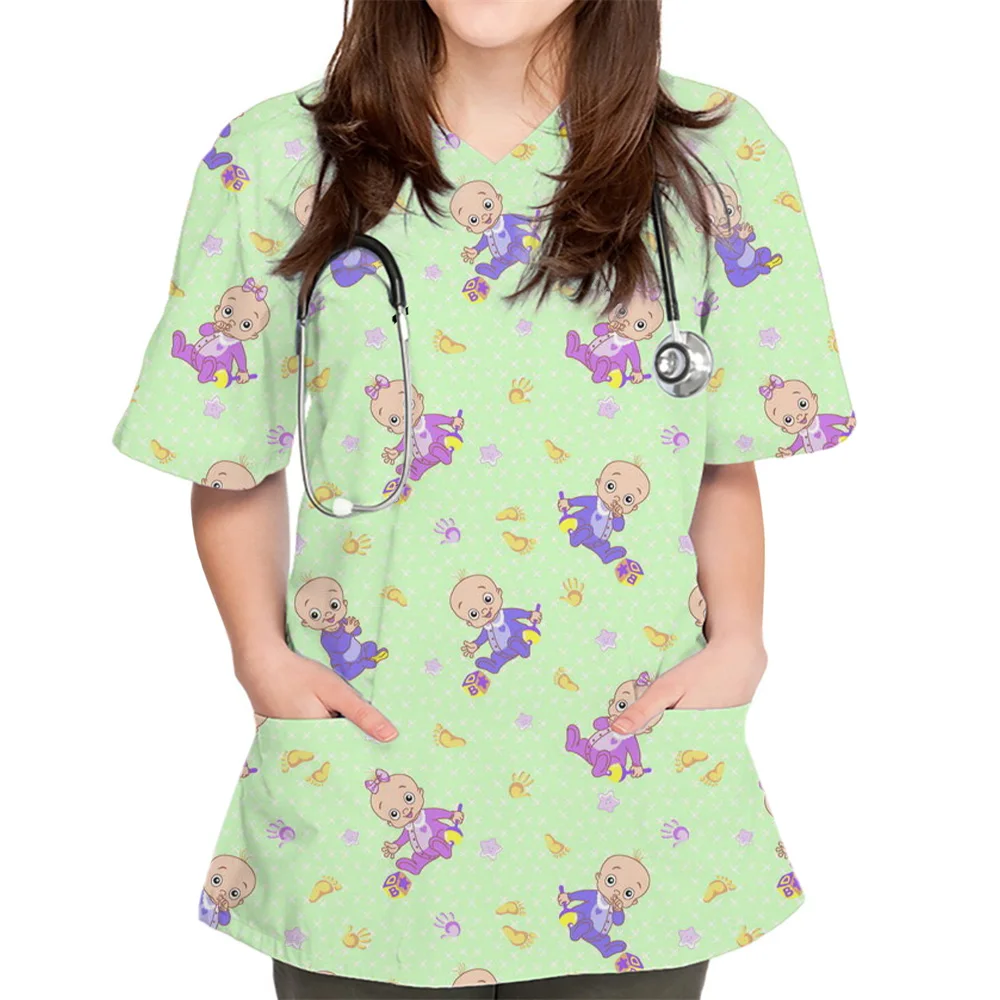 Scrubs Medical Uniforms Woman Cartoon Pattern Printing Surgical Uniforms V-Neck Short Sleeve Maternity Uniforms Women Medical