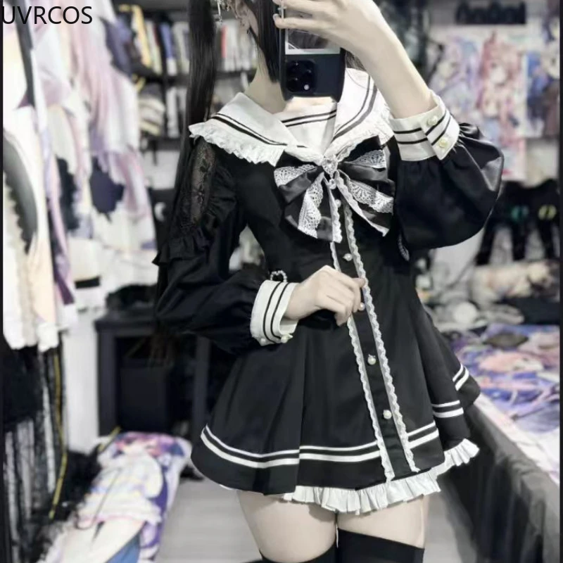 Japanese Style Gothic Y2k Lolita Bow Dress Shorts Set Women Vintage Sweet Long Sleeve Button Shirt Party Dresses Slim Mini Dress