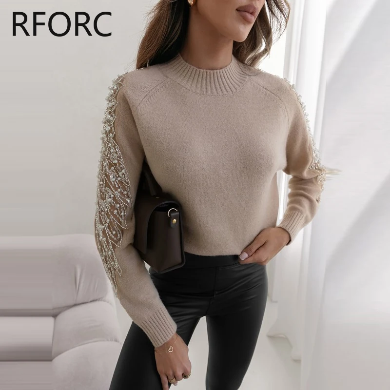 2023 Women Solid Hook Flower Hollow Sequins Patch Long Sleeves Knitting Pullovers Tops