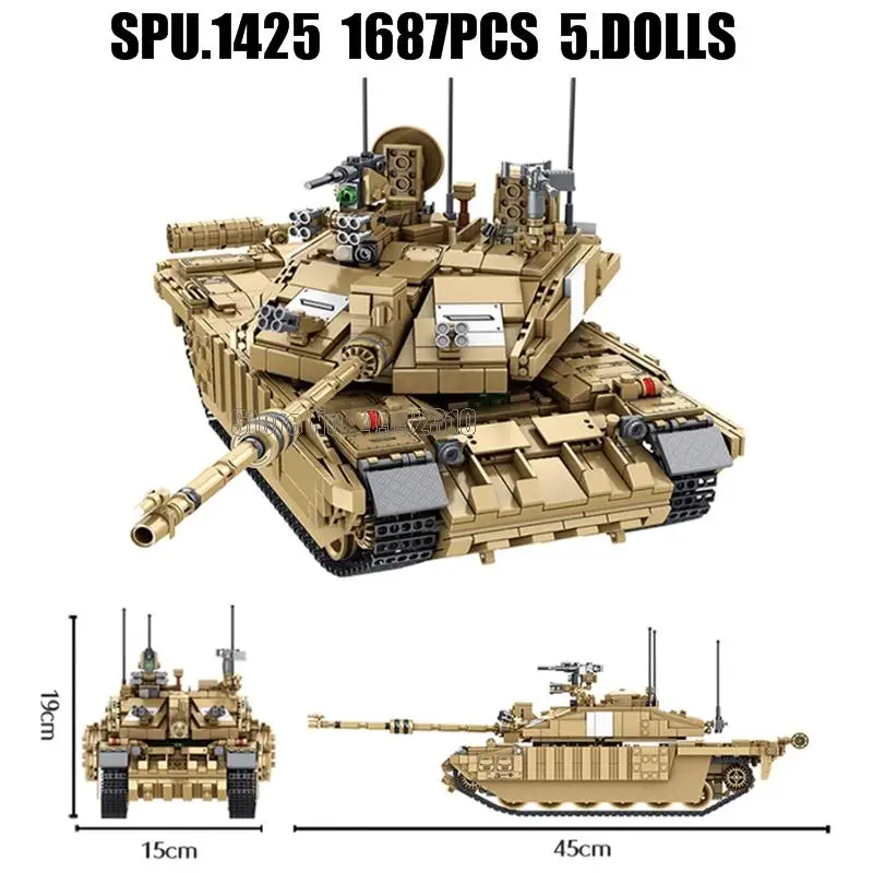 632008 영국 군용 챌린저 메인 배틀 탱크, 육군 군인 5 인형 빌딩 블록 장난감, 1687 개