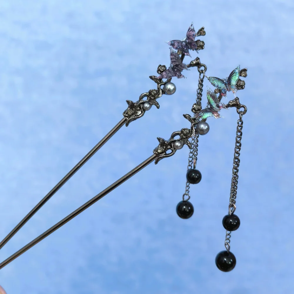 Klassischer Haarstab mit Blumen- und Metallfransen-Haarspange für Damen, Perlen-Haarschmuck mit schwarzen Perlen für Cheongsam-Haarknoten – Detail 2