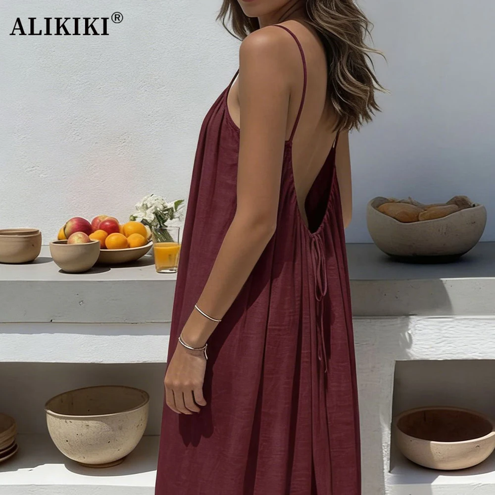 Backless Cami Dresses Open Back Lounge Dress Spaghetti Strap Sleeveless House Dress Long Sundress Holiday Beach Wear
