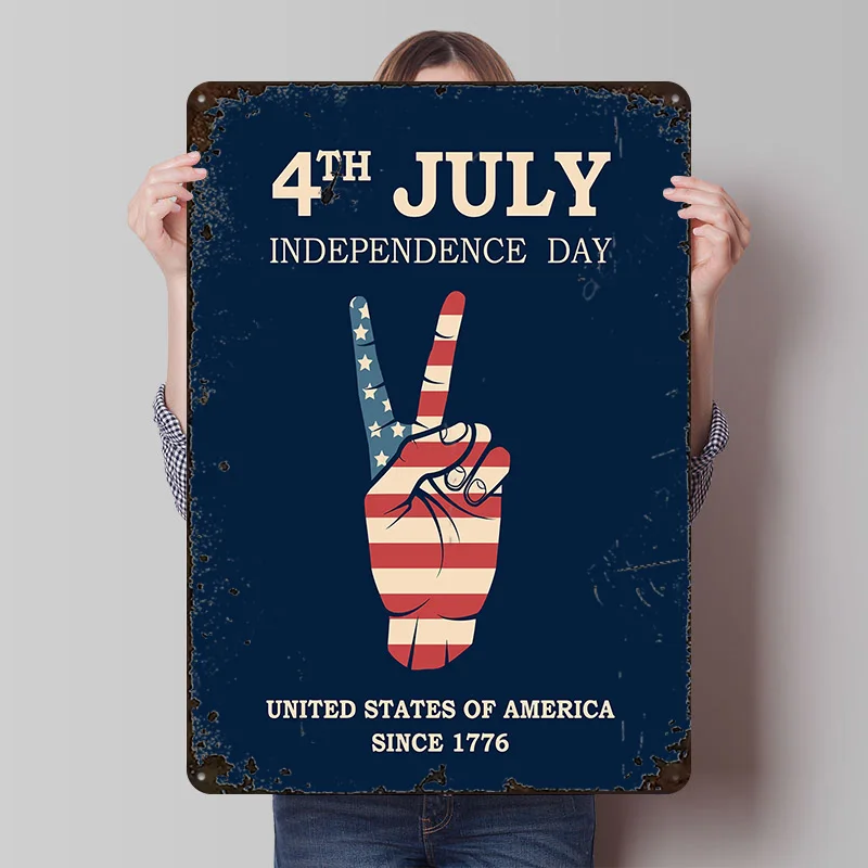 4th of July Peace Sign Tinplate Poster Custom Wall Art Vintage Metal Signs Retro Tin Plaque for Room Decorations Man Cave Decor
