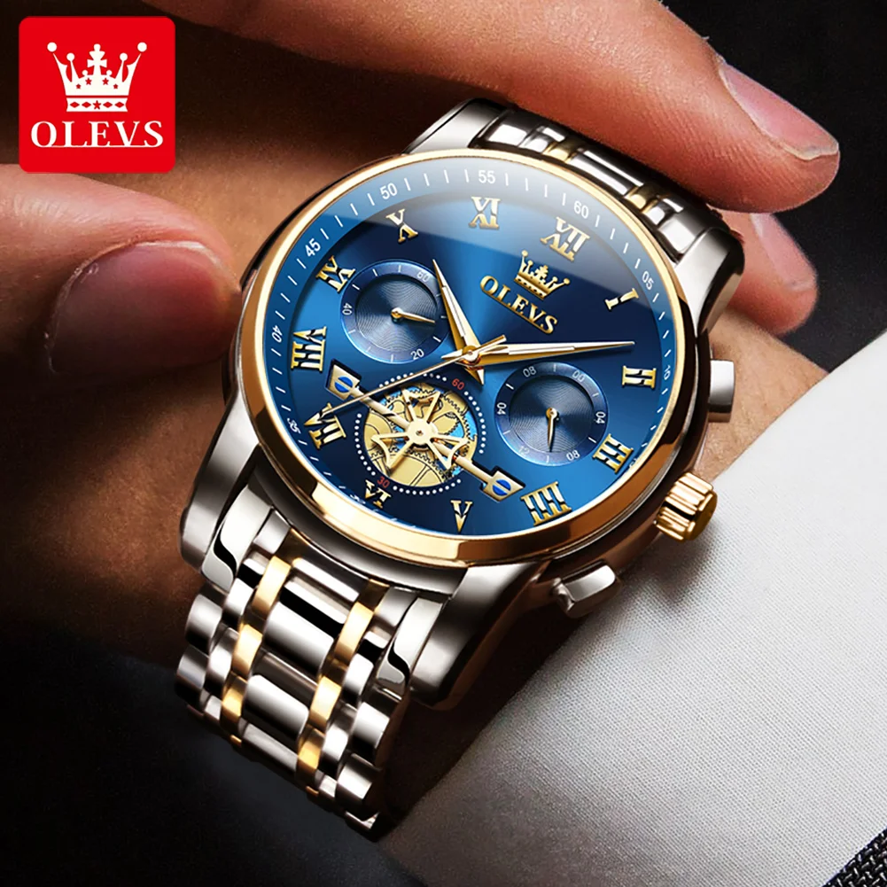 OLEVS – montre de luxe pour hommes, multifonction, étanche, lumineuse, en acier inoxydable, affichage calendrier/semaine, Business Top, Quartz