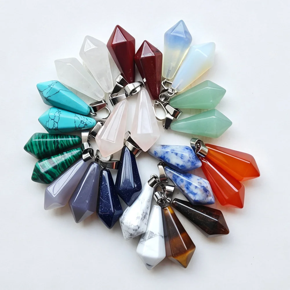 24Pcs Mix Natural Stone Crystal Agate Opal  Hexagonal pyramid pendants Diy Necklaces jewelry Making Wholesale Free shipping