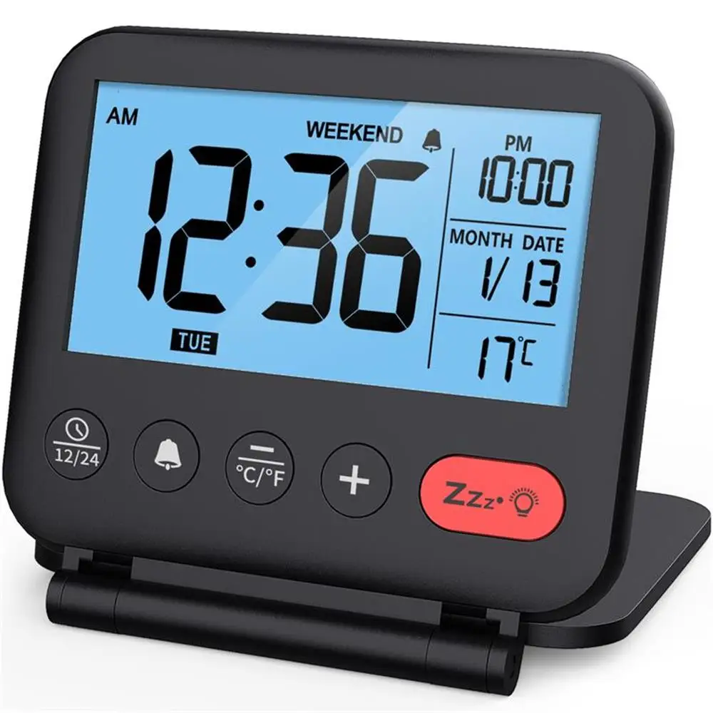 Portable Travel Alarm Clock with Makeup Mirror，10s Backlight Function Temperature Date Display Office Desktop Clock