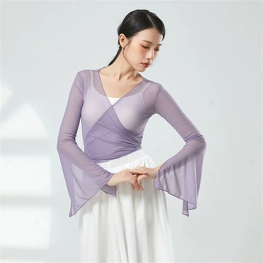 Mode Vrouwen Dans Top Lange Uitlopende Mouw Gaas Mesh Dunne Blouse Prestaties Lijn Kleding Vintage Koreaanse Kleding Vrouwen