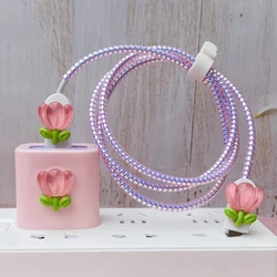 5pcs Pink Tulip Design TPU Wall Charger Protective Cover For Apple Mobile Phone 20W Fast Charging Data Cable