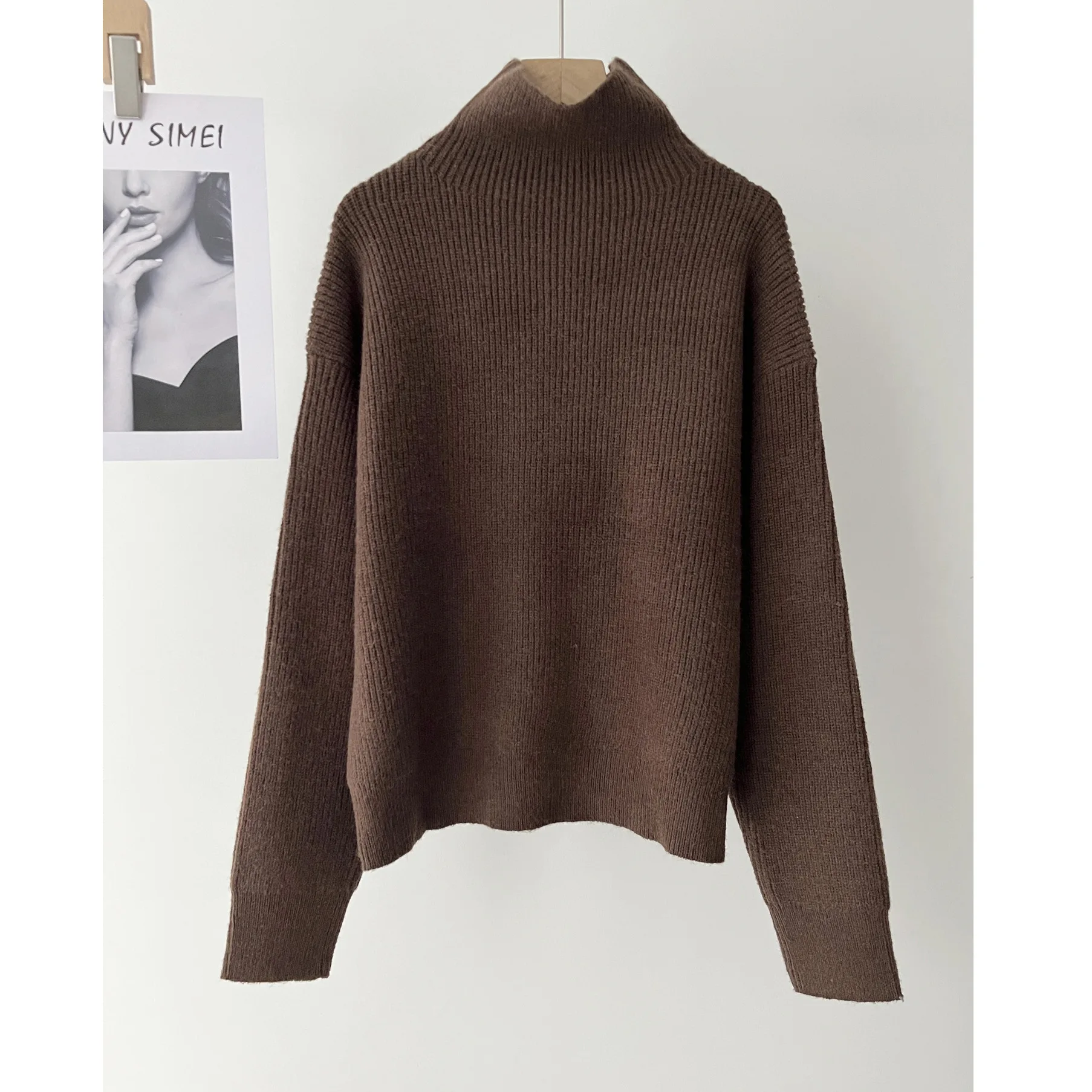 

Женский повседневный простой стильный короткий свитер с высоким воротником коричневого цвета, вязаный свитер с длинными рукавами, осень 16a-1777