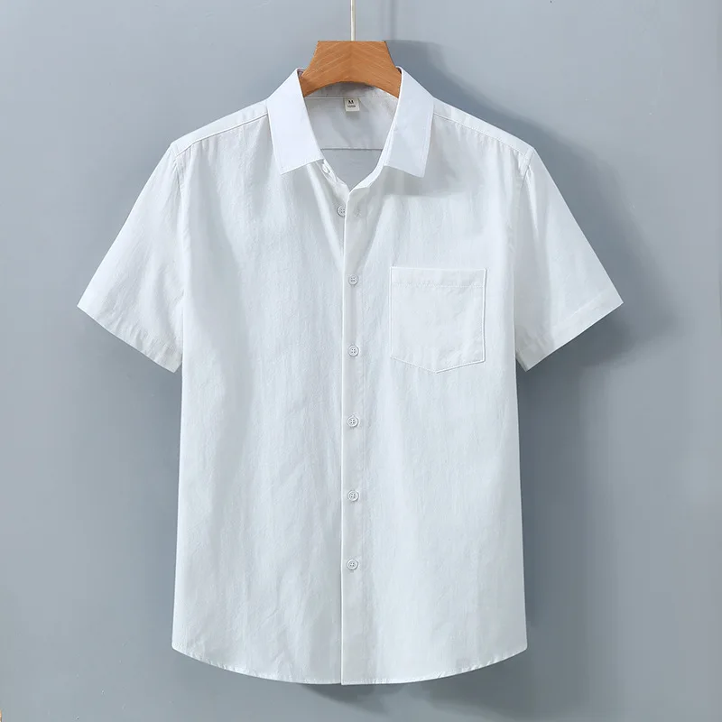1502 American-style Heavyweight Short-sleeve Shirt for Men Summer Solid Color Turn-down Collar Pure Cotton Casual White Shirt