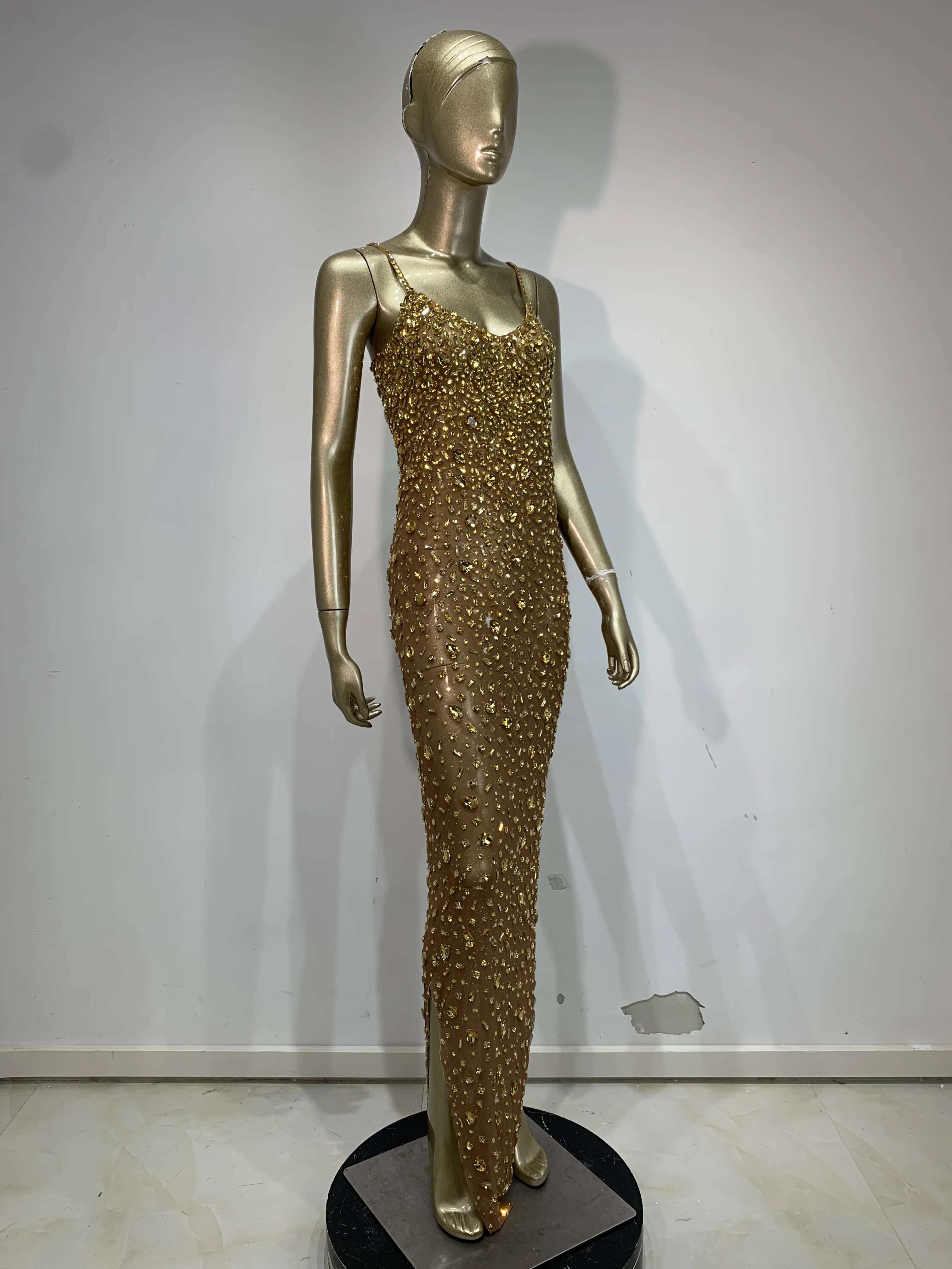 

Sparkly Rhinestones Mesh Dress Spaghetti Strap V Neck Long See Through Sexy Evening Club Party Dress Singer Stage Costumes