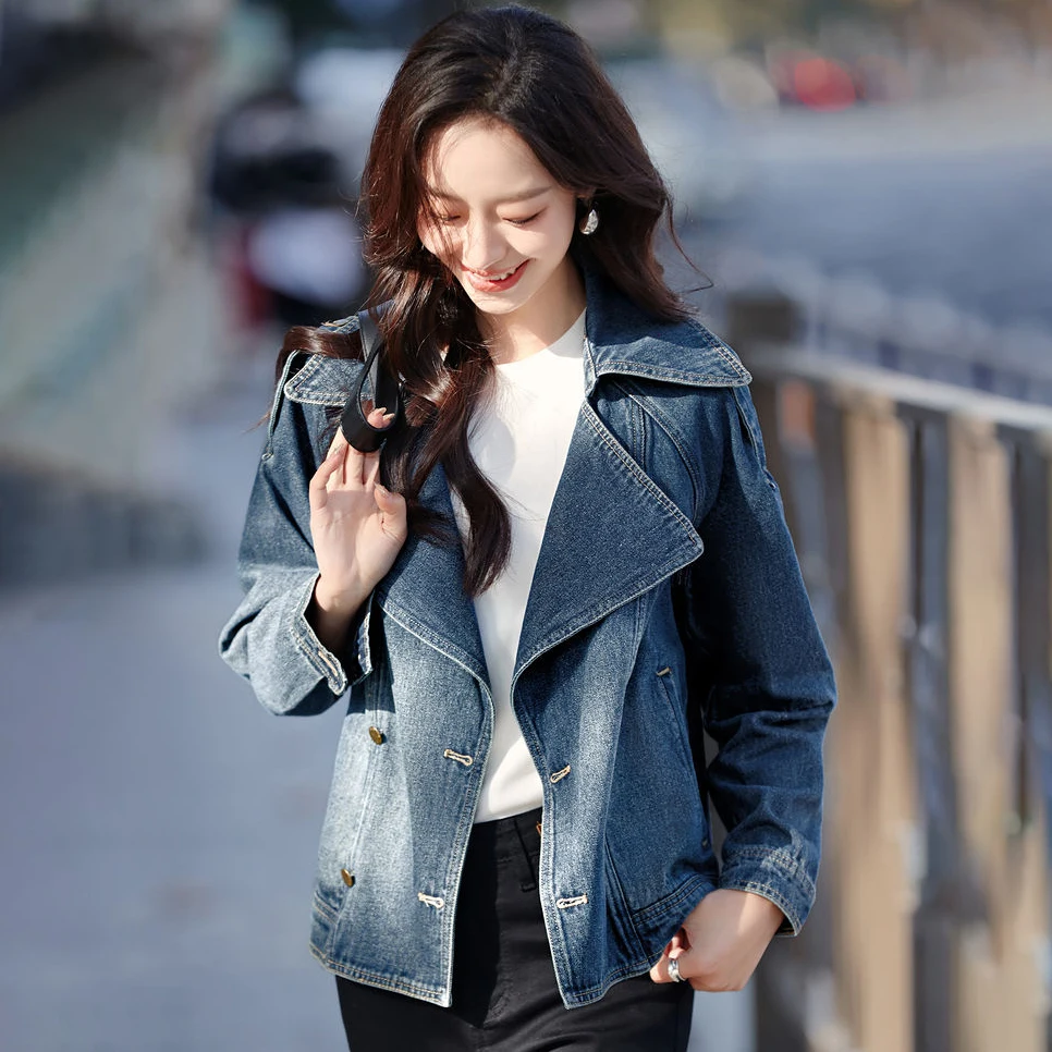 

2024, весенне-осенняя новая джинсовая куртка Fried Street, верхняя одежда, женская корейская свободная повседневная модная байкерская куртка, короткая джинсовая куртка