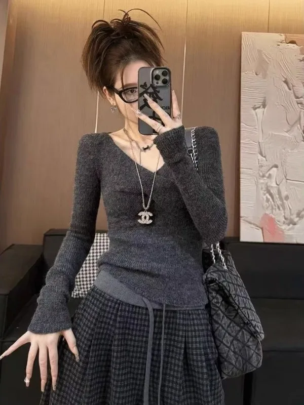 

Женский трикотажный свитер больших размеров с V-образным вырезом, утягивающий талию, корейский стиль, свободный крой, длинный рукав