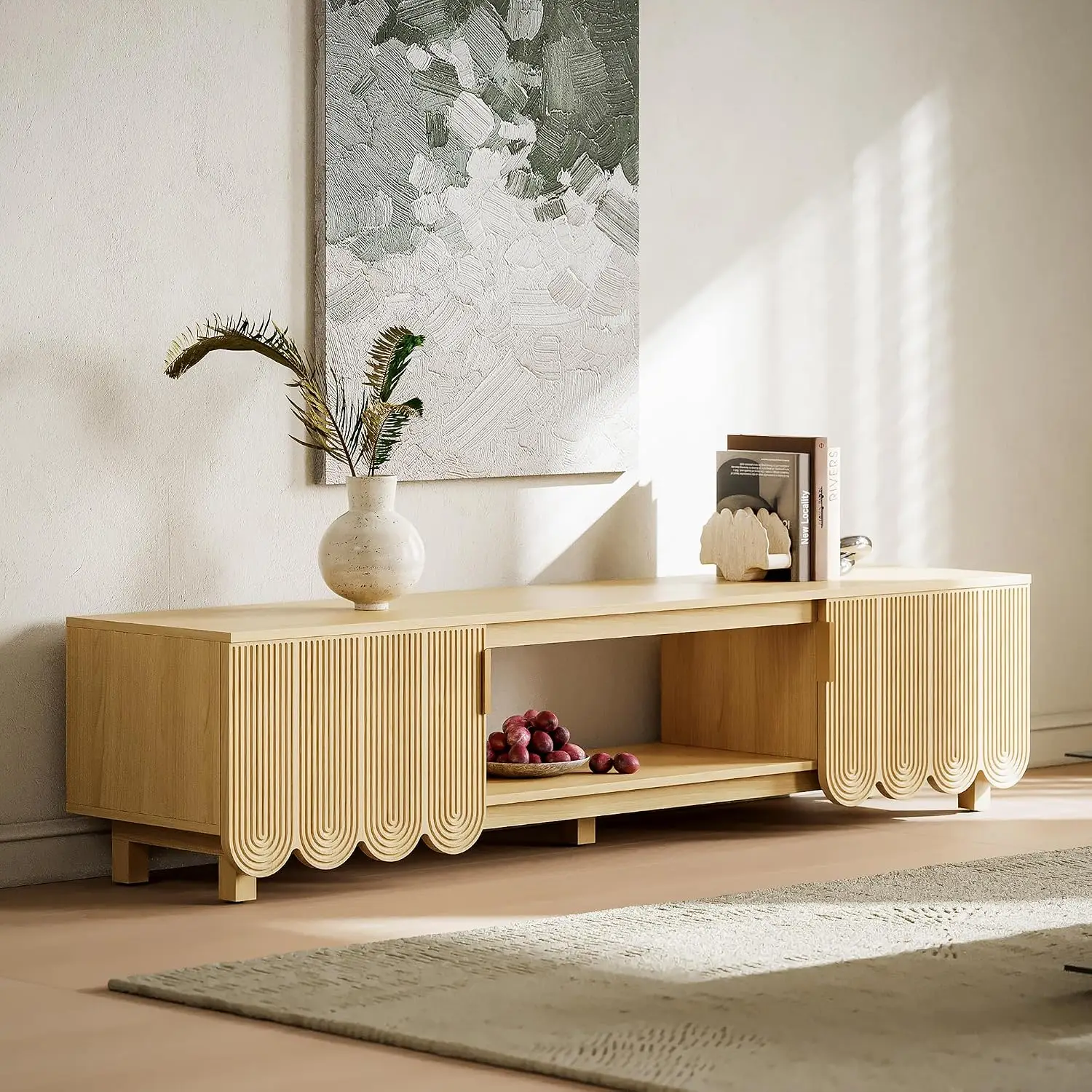 Modern TV Stand Wave Entertainment Center for 80 Inch TV Console with Metal Handle & 2 Cord Holes Living Room, Customized