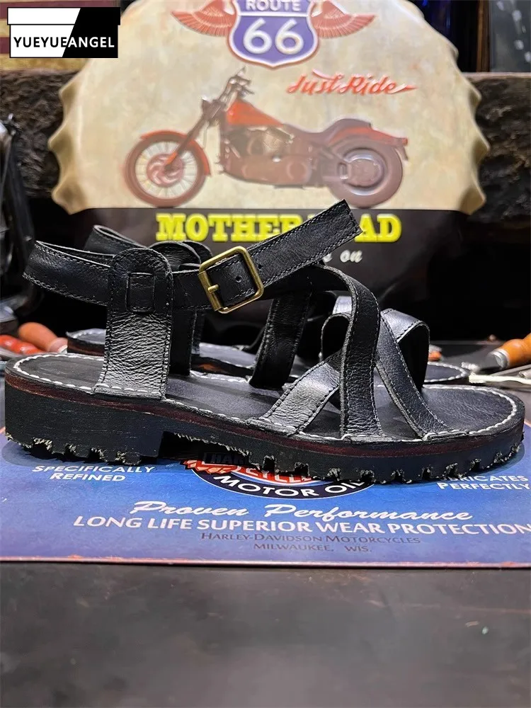 Spring Autumn British Retro Style Cowhide Mens Sandals Daily Casual Outerwear Breathable Open Toe Solid Color Buckle Beach Shoes