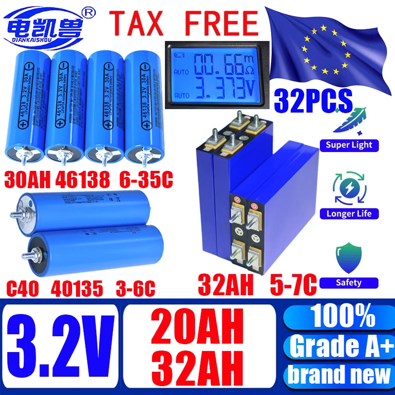 

4-32PCS LiFePO4 battery Grade A 3.2V C40 20Ah 30Ah 32Ah lithium iron phosphate C40 C46 12V Motorcycle motor Modification battery
