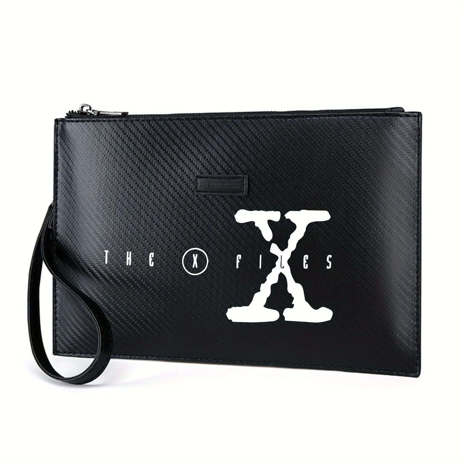 texto-branco-e-grande-simbolo-x-em-preto-bolsa-masculina-elegante-impressa-em-pu-elegante-e-pratica-para-transporte-diario