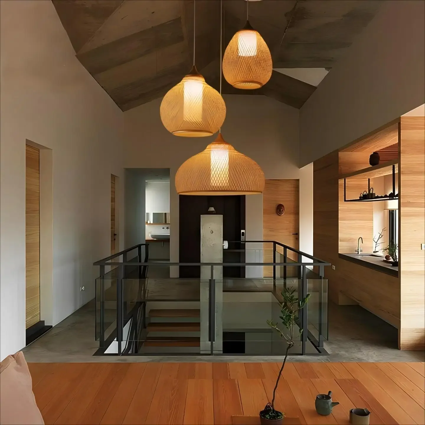 New Chinese Japanese Lantern Restaurant Chandelier, Zen Bamboo Braided Rattan Bamboo Art Chinese Style Homestay