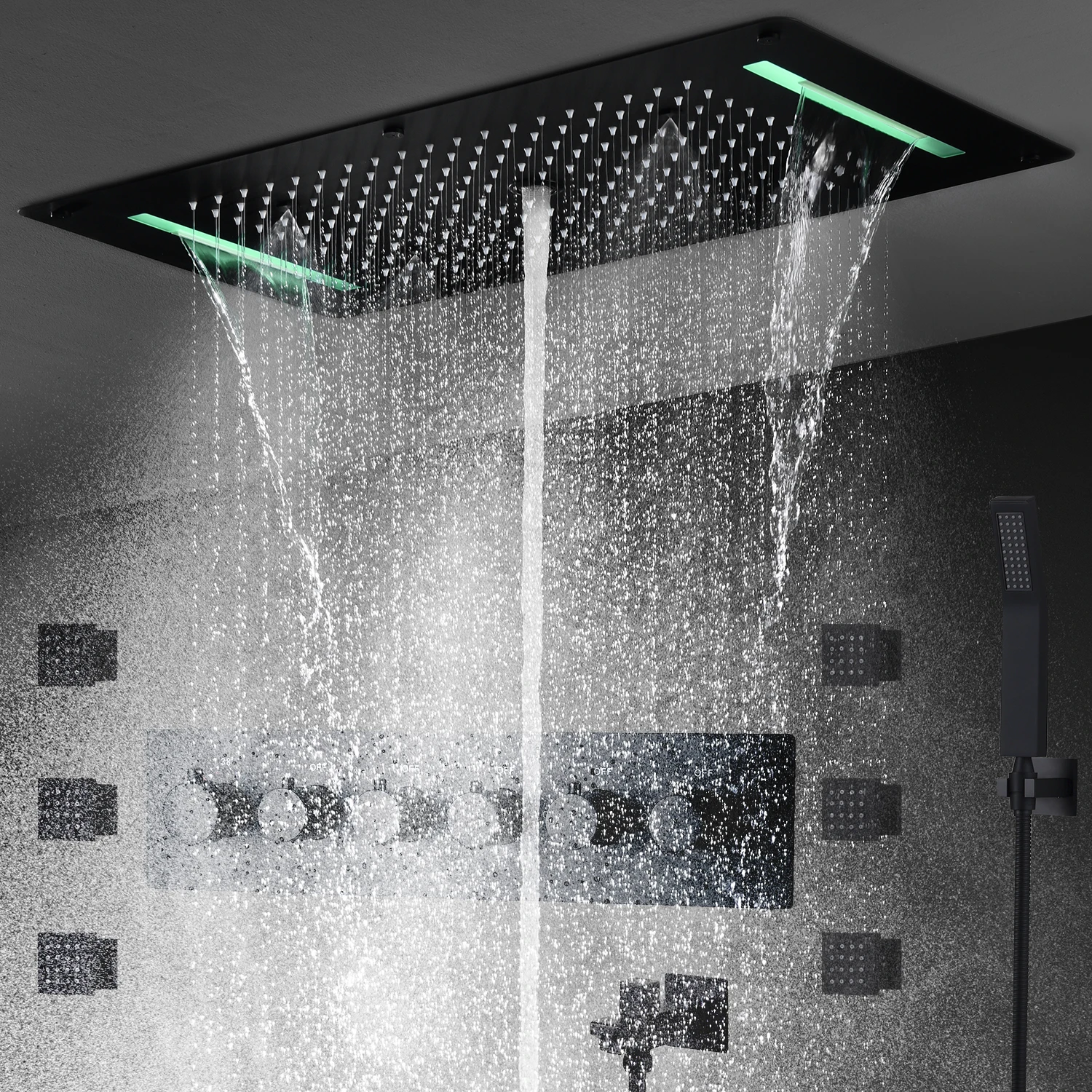 

Black Shower Faucet Panel 28x15 Inch RGB LED Head Set Thermostatic Mixer Valve Kit 6 Pcs 2 Side Jets