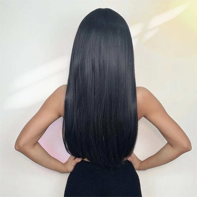 Long Straight Hair with Bangs Heat Resistant Fiber Can Be Dyed and Permed Classy Behavior Full Head Covering of Chemical Fiber