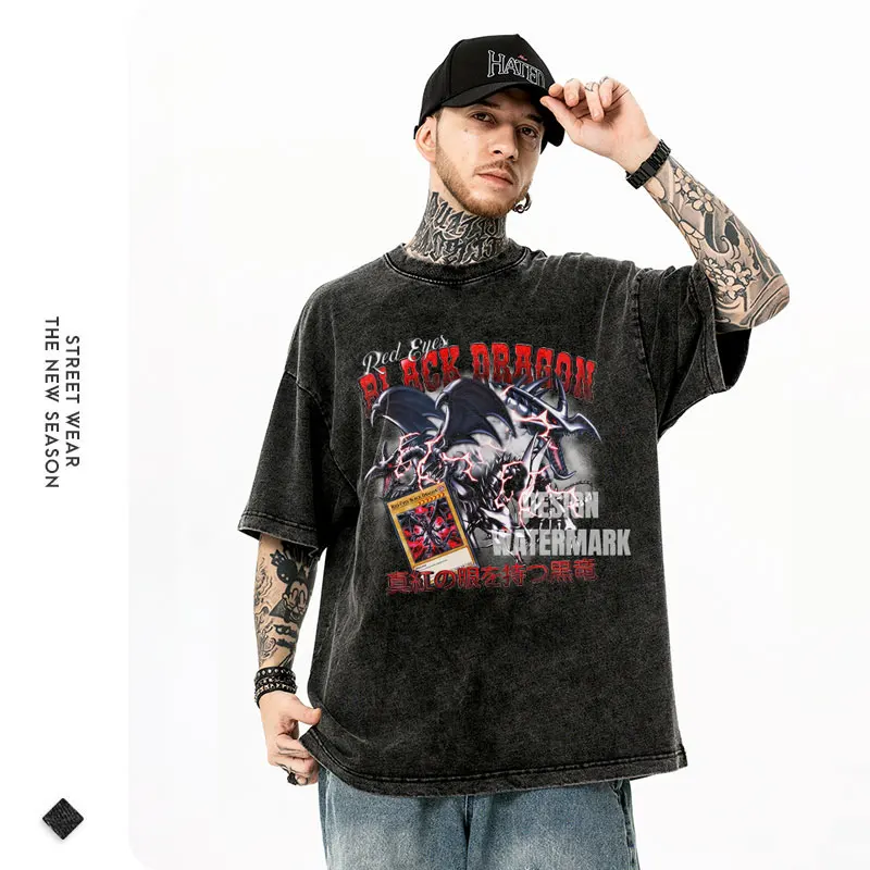 Anime Yu Gi Oh T Shirts Oversized Vintage Washed Red Eyes Black Dragon T-shirt Streetwear Retro Manga Short Sleeve Tops Tees