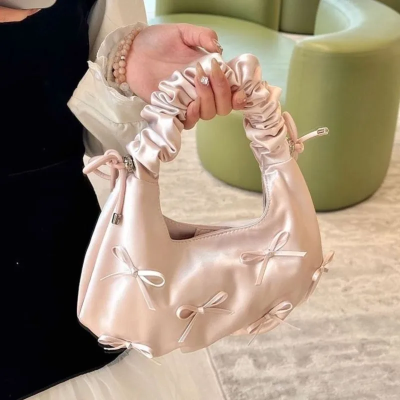 

JIAERDI милая милая сумка с бантом, женская плиссированная сумка большой вместимости подмышки, японская элегантная балетная сумка через плечо в стиле Харадзюку 2025