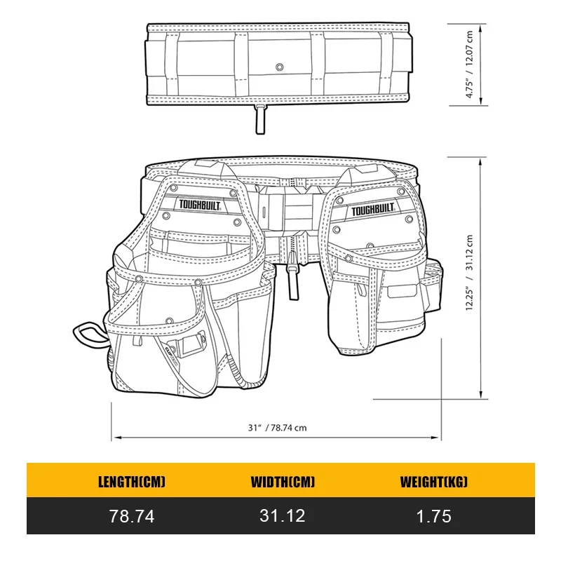 TOUGHBUILT TB-CT-111-CP 3 pezzi Set di cinture per attrezzi per tuttofare Accessori per elettroutensili con cintura per marsupio