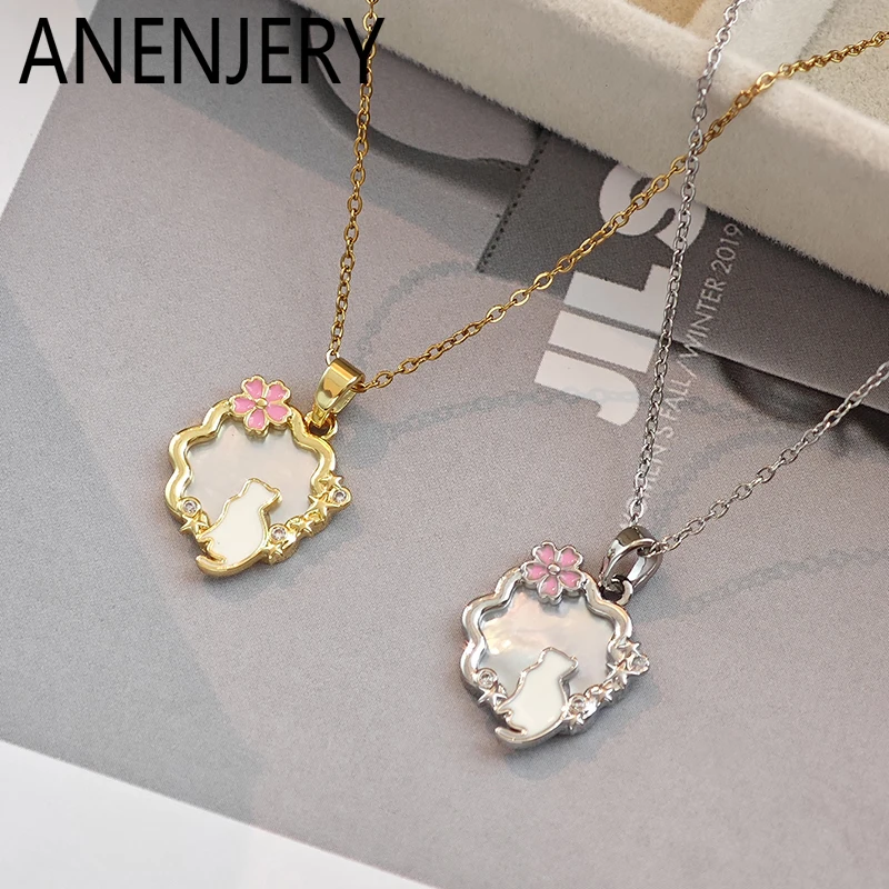 ANENJERY 316L нержавеющая сталь зеркало кошка цветок кулон ожерелье для женщин нежный французский роскошный дизайн ювелирные изделия подарки оптом