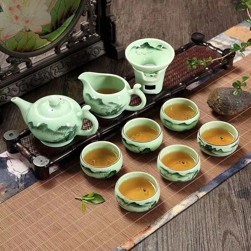 Traditional Longquan Chinese Kung Fu Teaware Set Handmade Celadon Teapot with Landscape Lotus Design Tea Cups Gift Set 9Pcs per